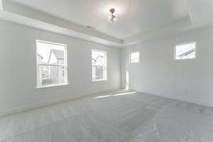 Carpeted empty room featuring a raised ceiling