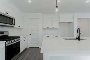 Kitchen with sink, an island with sink, appliances with stainless steel finishes, decorative light fixtures, and dark hardwood / wood-style flooring