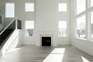 Unfurnished living room with a high ceiling and light hardwood / wood-style flooring