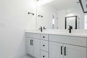 Bathroom featuring vanity and a shower with door