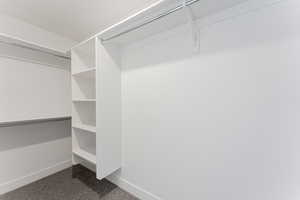 Walk in closet with dark carpet