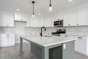 Kitchen featuring pendant lighting, a kitchen island with sink, sink, appliances with stainless steel finishes, and white cabinetry