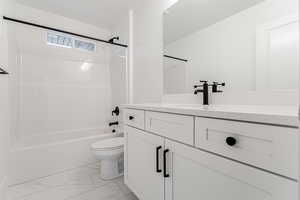 Full bathroom featuring toilet, vanity, and bathing tub / shower combination