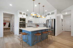 Kitchen featuring backsplash, hanging light fixtures, an island with sink, light hardwood / wood-style floors, and stainless steel appliances