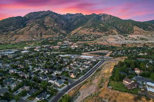 Aerial view at dusk with a mountain view