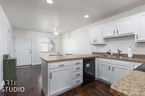 Kitchen featuring sink, kitchen peninsula, dark hardwood / wood-style flooring, dishwasher, and ceiling fan