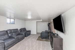 Living room with light colored carpet