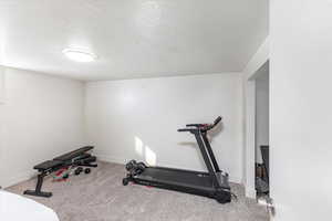 Workout room with carpet floors and a textured ceiling