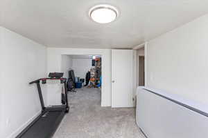 Exercise area with light colored carpet and a textured ceiling