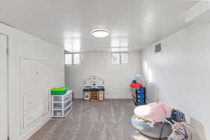 Game room with carpet floors