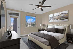 Bedroom with carpet flooring, access to outside, and ceiling fan