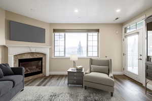 Living area featuring a tile fireplace and light hardwood / wood-style flooring