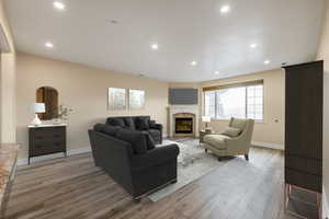 Living room with light hardwood / wood-style floors and a premium fireplace