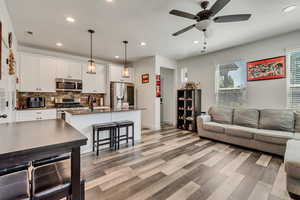 Living room with sink, ceiling fan, and light hardwood / wood-style floors