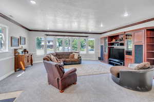 Living room featuring built in features, a textured ceiling, carpet, and ornamental molding