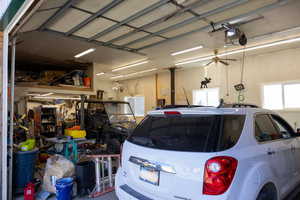 Garage featuring ceiling fan