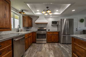 Kitchen with appliances with stainless steel finishes, sink, backsplash, custom exhaust hood, and dark wood-type flooring