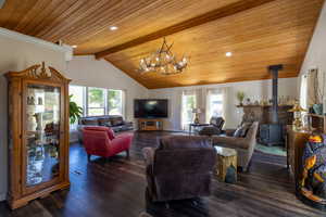 Living room featuring dark hardwood / wood-style flooring, a wealth of natural light, and a wood stove