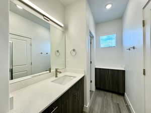 Bathroom with vanity and wood-type flooring