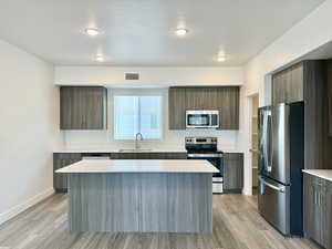 Kitchen featuring stainless steel appliances, a kitchen island, light hardwood / wood-style flooring, and sink