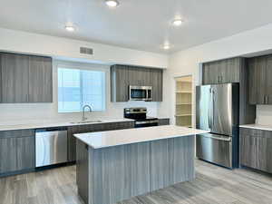 Kitchen with a center island, light hardwood / wood-style flooring, appliances with stainless steel finishes, and sink