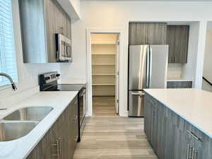 Kitchen with light hardwood / wood-style floors, light stone counters, appliances with stainless steel finishes, and sink