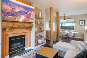 Living room featuring built in shelves and dark hardwood / wood-style flooring