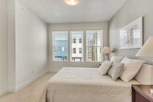 Carpeted bedroom featuring multiple windows