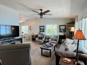 Carpeted living room with a textured ceiling, crown molding, a wealth of natural light, and ceiling fan