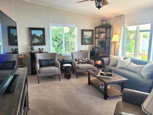 Carpeted living room with ornamental molding, ceiling fan, and a wealth of natural light