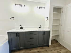 Bathroom with wood-type flooring, dual bowl vanity, and a tub