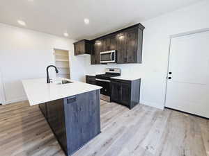 Kitchen featuring light hardwood / wood-style floors, appliances with stainless steel finishes, sink, and an island with sink