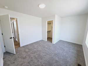 Unfurnished bedroom featuring a closet, carpet floors, and a walk in closet