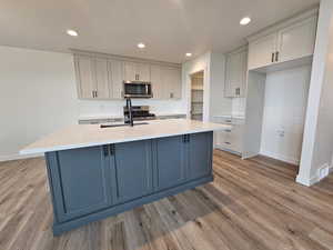 Kitchen with a kitchen island with sink, sink, and light wood-type flooring