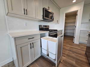 Kitchen with dark hardwood / wood-style floors, stainless steel appliances, and tasteful backsplash