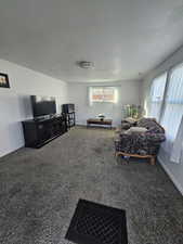 Carpeted living room featuring a textured ceiling