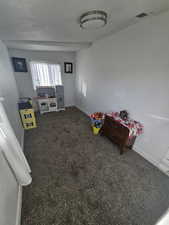 Rec room with dark colored carpet and a textured ceiling