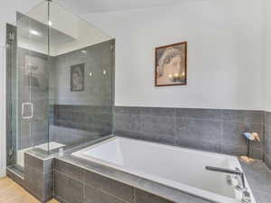 Bathroom with separate shower and tub and wood-type flooring