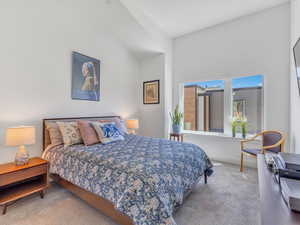 Carpeted bedroom featuring high vaulted ceiling