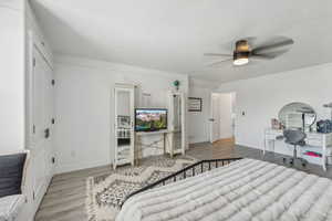 Bedroom with ceiling fan and hardwood / wood-style floors