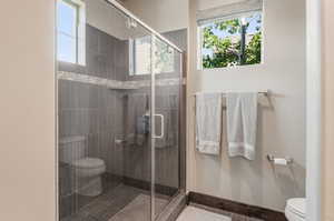 Bathroom with a shower with shower door, toilet, and a healthy amount of sunlight