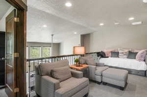 Living room with carpet floors and a textured ceiling