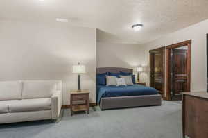 Carpeted bedroom with a textured ceiling