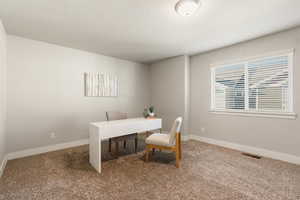 Office area featuring carpet flooring