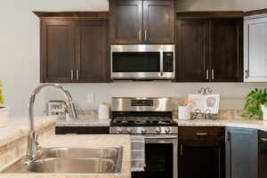 Kitchen with appliances with stainless steel finishes, dark brown cabinets, and sink