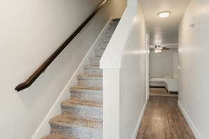 Stairs with hardwood / wood-style flooring and ceiling fan