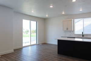 Kitchen featuring backsplash, white cabinetry, sink, and dark wood-type flooring