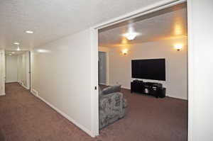 Living room with a textured ceiling and dark colored carpet