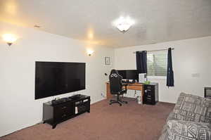 Carpeted home office with a textured ceiling