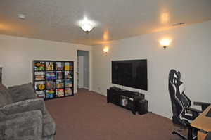 Living room with a textured ceiling and carpet flooring